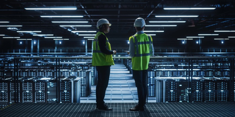 Two people wearing hardhats and safety vests stand on a platform overlooking a dimly lit data center.